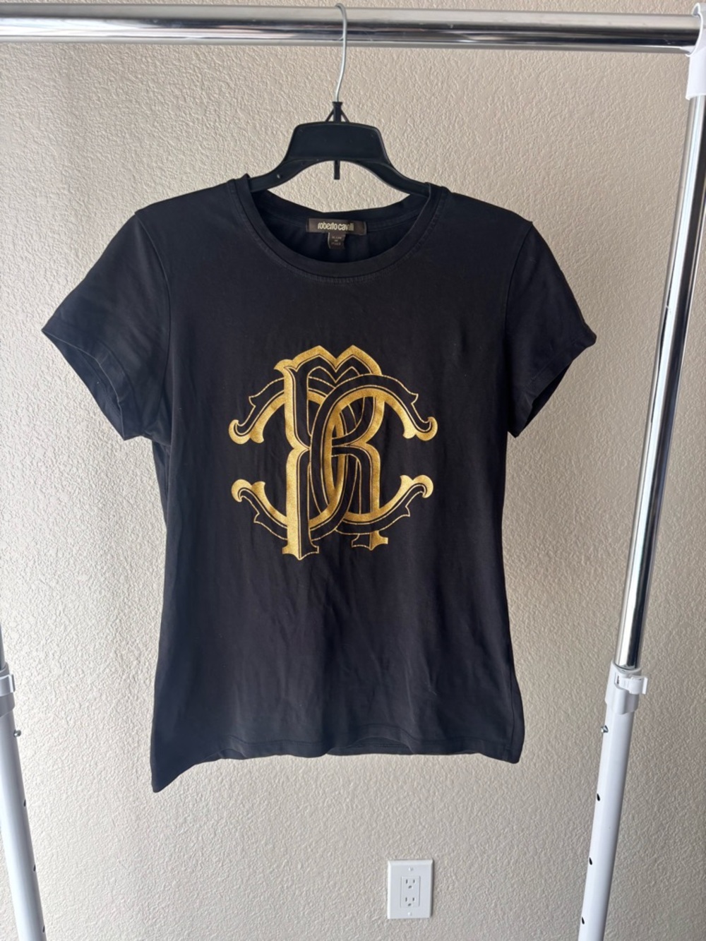 Roberto Cavalli Black Tee with Gold Logo Tag